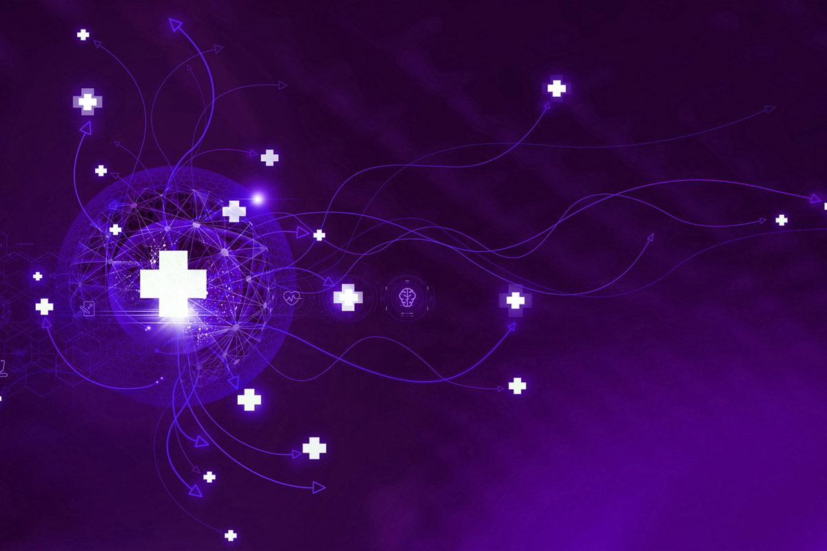 抽象的紫色图形与医学交叉和其他医学图标